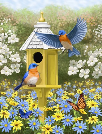Framed Bluebird Garden Home Print