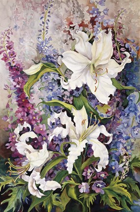 Framed White Oriental Lilies &amp; Pink And Purple Delphinium Print