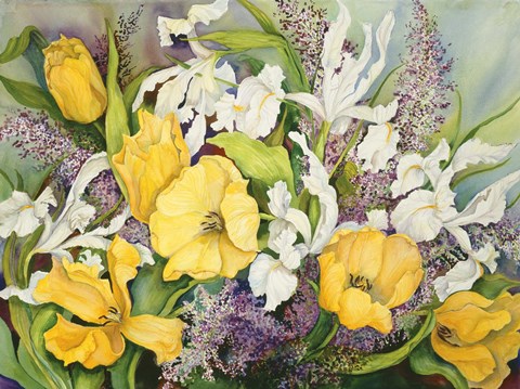 Framed Yellow Tulips, White Iris And Heather Print