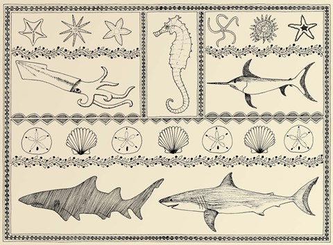 Framed Scrimshaw Sea Creatures Print