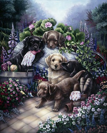 Framed Gardening Puppies Print