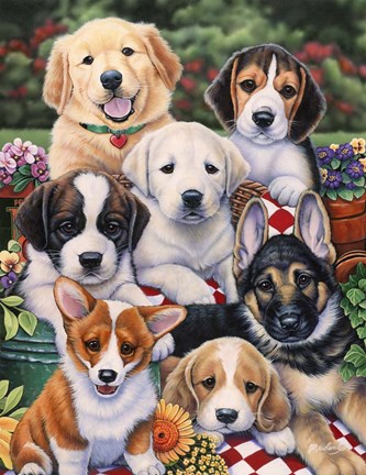Framed Garden Puppies Print