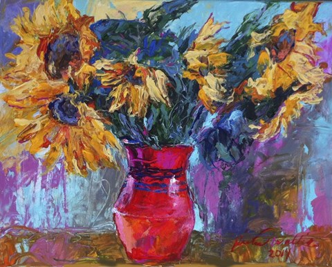 Framed Sunflowers In Red Vase Print