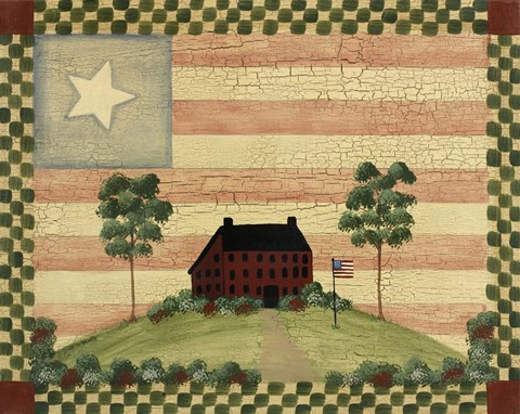 Framed Red House With Flag Print