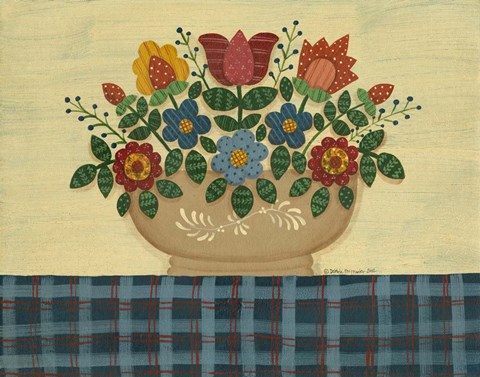 Framed Multi-Colored Flowers With Dark Blue Tablecloth Print