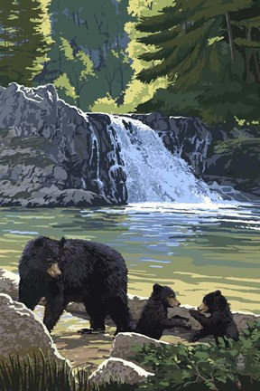 Framed Black Bear with Cubs 3 Print