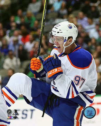 Framed Connor McDavid celebrates his first NHL Goal- October 13, 2015 Print