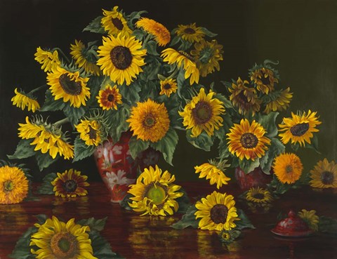 Framed Sunflowers with Two Crimson Vases Print