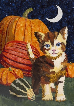 Framed Calico Kitten &amp; Pumpkins Print