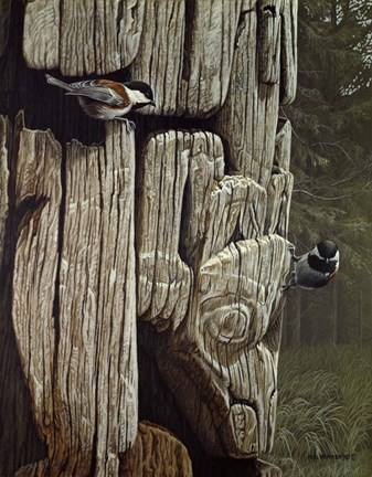 Framed Chickadees On Totem Print