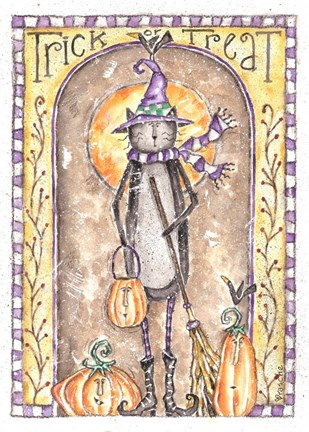 Framed Trick or Treat Cat Witch Print
