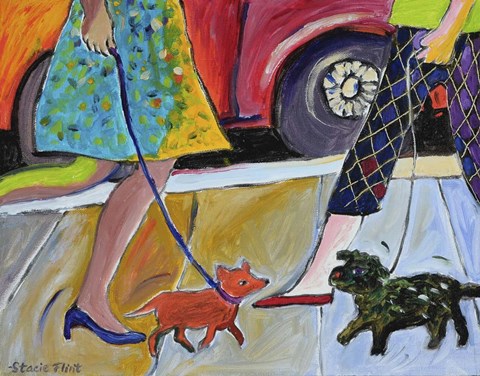 Framed 2 Women and 2 Dogs Meet on the Street Print