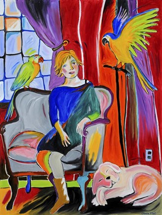 Framed Woman With Parrots And A Dog Print