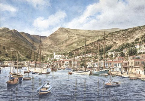 Framed Greek Seaport Town Print