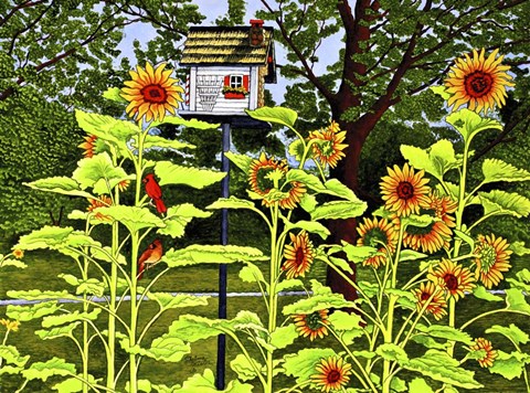 Framed Sunflowers And Birdhouse Print