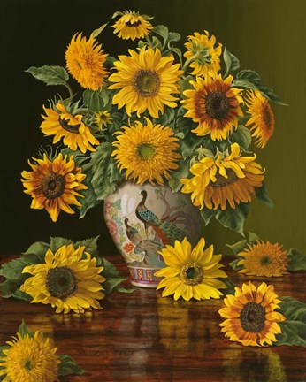 Framed Sunflowers In A Peacock Vase Print