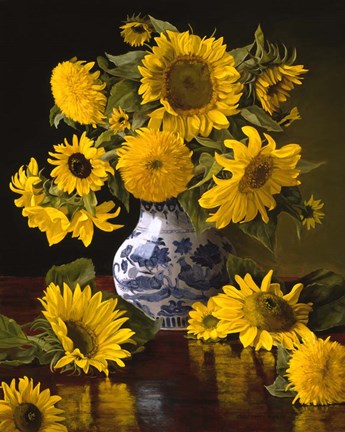 Framed Sunflowers in Blue &amp; White Chinese Vase Print