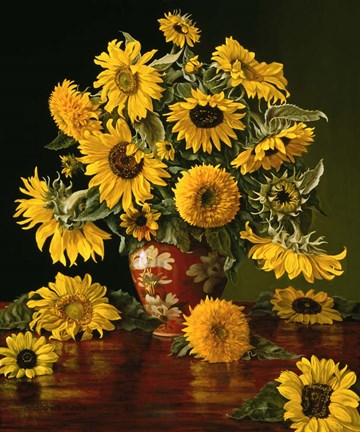 Framed Sunflowers in a Crimson Vase Print