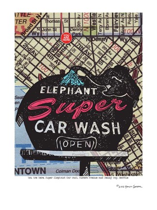 Framed Super Elephant Car Wash Seattle Print