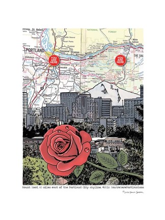 Framed Mt. Hood and Portland Skyline with Rose Print