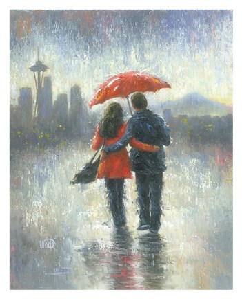 Framed Seattle Lovers in the Rain Print