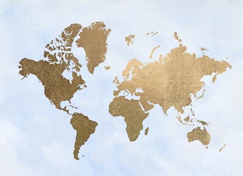Framed Gold Foil World Map on Blue - Metallic Foil Print