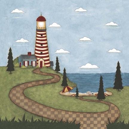Framed Red And White Lighthouse Print