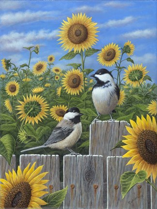 Framed Chickadees And Sunflowers Print