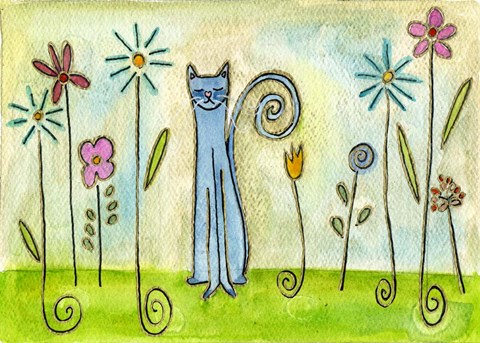 Framed Blue Cat In The Flower Garden Print