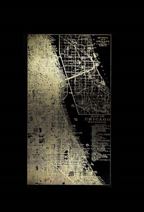 Framed Gold Foil City Map Chicago on Black Print