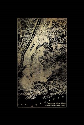 Framed Gold Foil City Map New York on Black Print