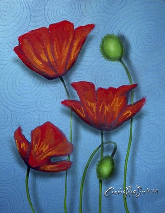 Framed Red Poppies on Blue Print