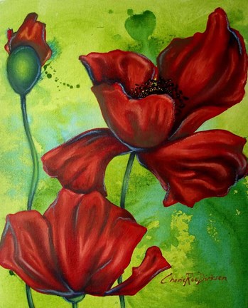 Framed Red Poppies on Green Print