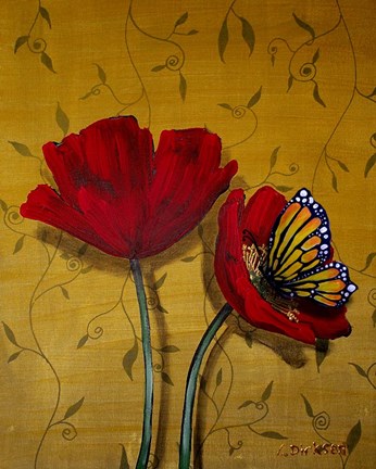 Framed Red Poppies With Yellow Butterfly Print