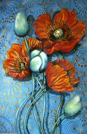 Framed Orange Poppies on Blue Print