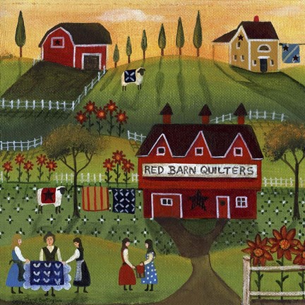 Framed Red Barn Quilters Print