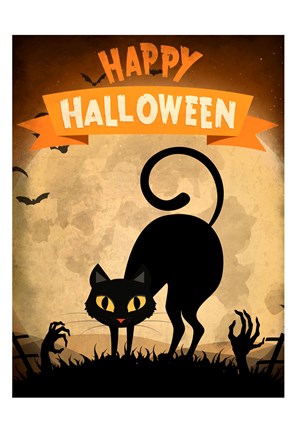 Framed Happy Halloween Black Cat Print