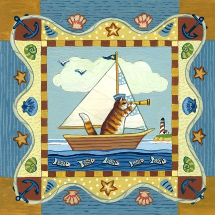 Framed Folk Art Cat Sailing Print