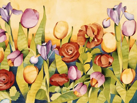 Framed Iris &amp; Tulips/ Yellow Background Print