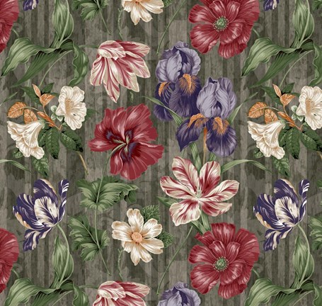Framed Floral Waltz Textured Scroll Stripe Slate Print