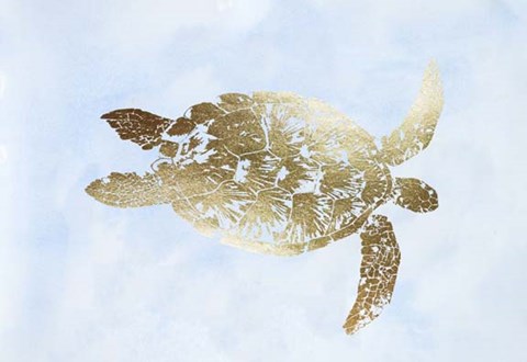 Framed Gold Foil Sea Turtle I on Blue Wash Print