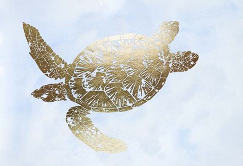 Framed Gold Foil Sea Turtle II on Blue Wash Print