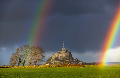Framed Double Rainbow In Mont Saint Michel Print