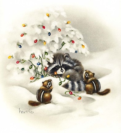Framed Raccoon/ Chipmunks/ Christmas Lights Print