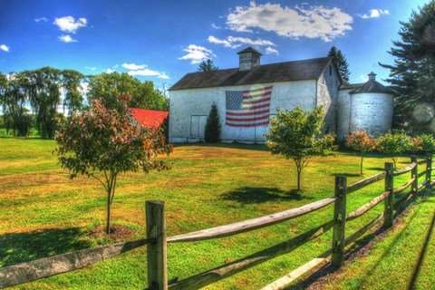 Framed White Barn And Flag Print