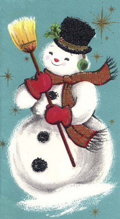 Framed Snowman Holding Broom Print