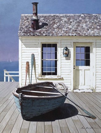 Framed Blue Boat On Deck Print