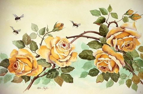 Framed Yellow Roses with Bees Print