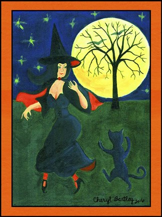 Framed Halloween Witch Black Cat Moon Dance Print