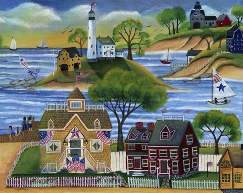 Framed Americana Seaside Lighthouse Print